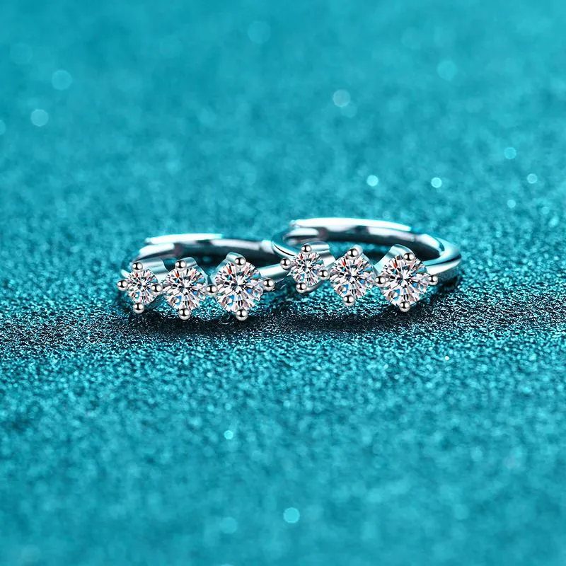 Huggies w/ three Moissanite, Solid Silver Huggie Earrings-EM010