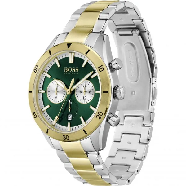 HUGO BOSS Santiago Two-Tone Stainless Steel Green Dial Chronograph Quartz Watch for Gents - 1513872