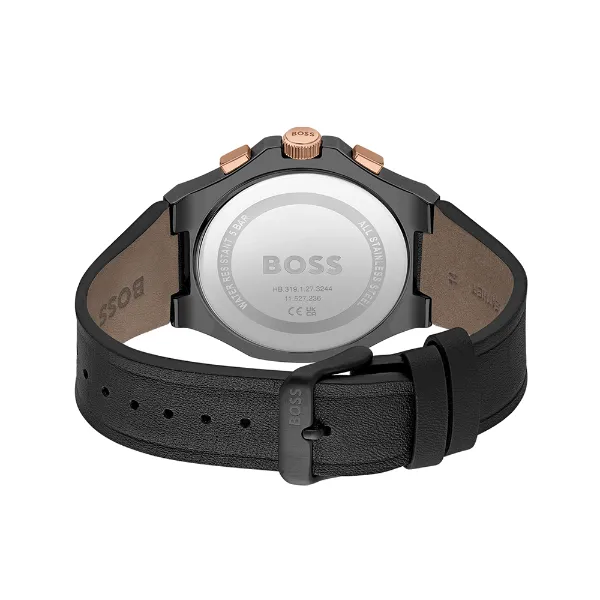 Hugo Boss Taper Black Leather Strap Black Dial Chronograph Quartz Watch for Gents - 1514089