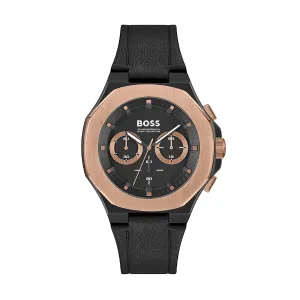 Hugo Boss Taper Black Leather Strap Black Dial Chronograph Quartz Watch for Gents - 1514089
