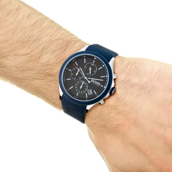 HUGO BOSS Velocity Blue Silicone Strap Black Dial Chronograph Quartz Watch for Gents - HUGO BOSS 1513717