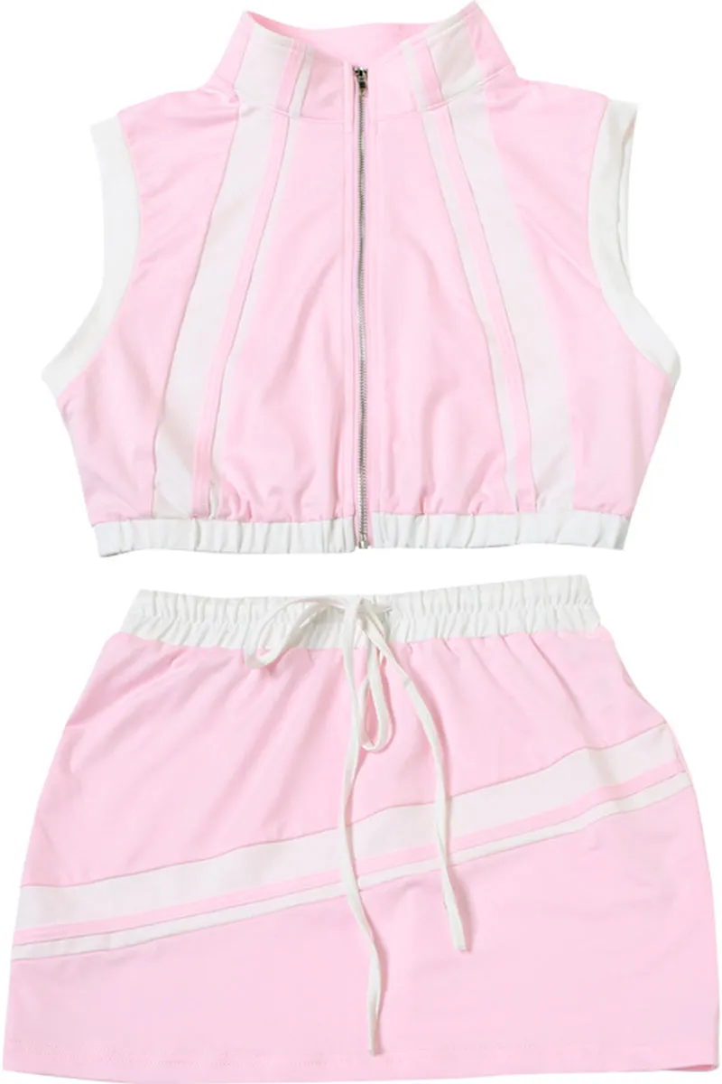 HUZ1284 Zip Front Crop Top & Skirt Set