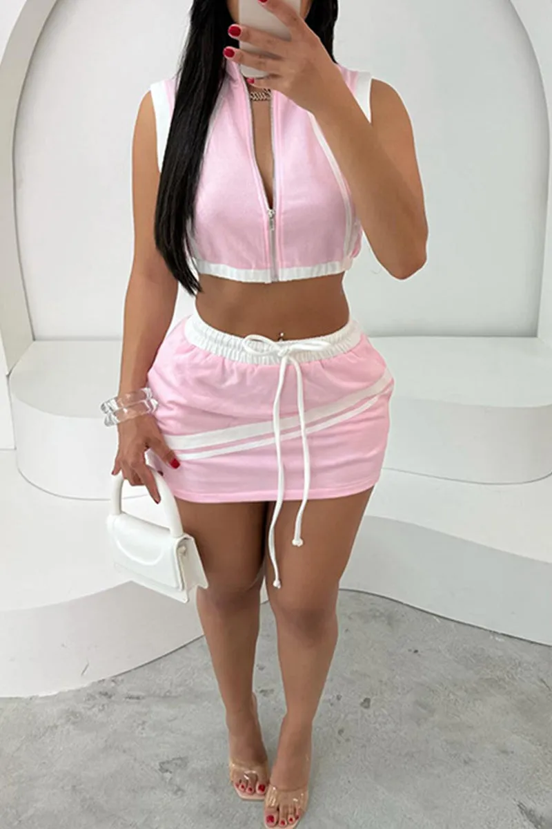 HUZ1284 Zip Front Crop Top & Skirt Set