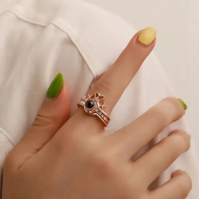 I Love You Ring 100 Languages Rose Gold Crown Ring