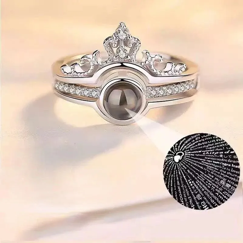 I Love You Ring 100 Languages Silver Plated Crown Ring