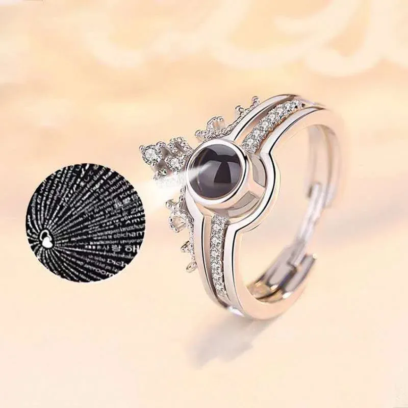 I Love You Ring 100 Languages Silver Plated Crown Ring