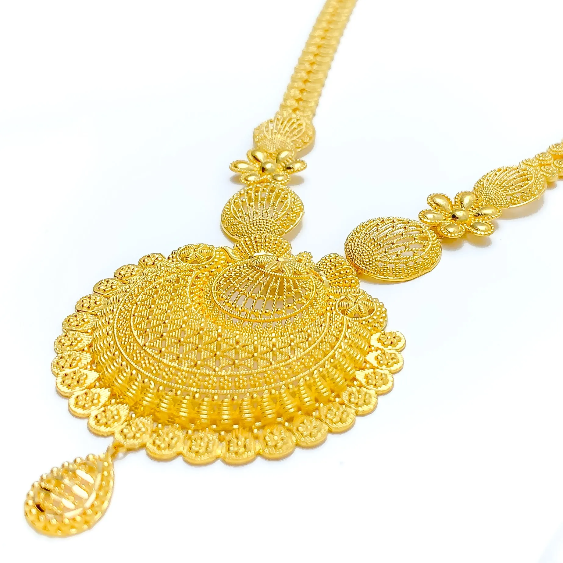 Impressive Netted Flower 22k Gold Long Necklace Set