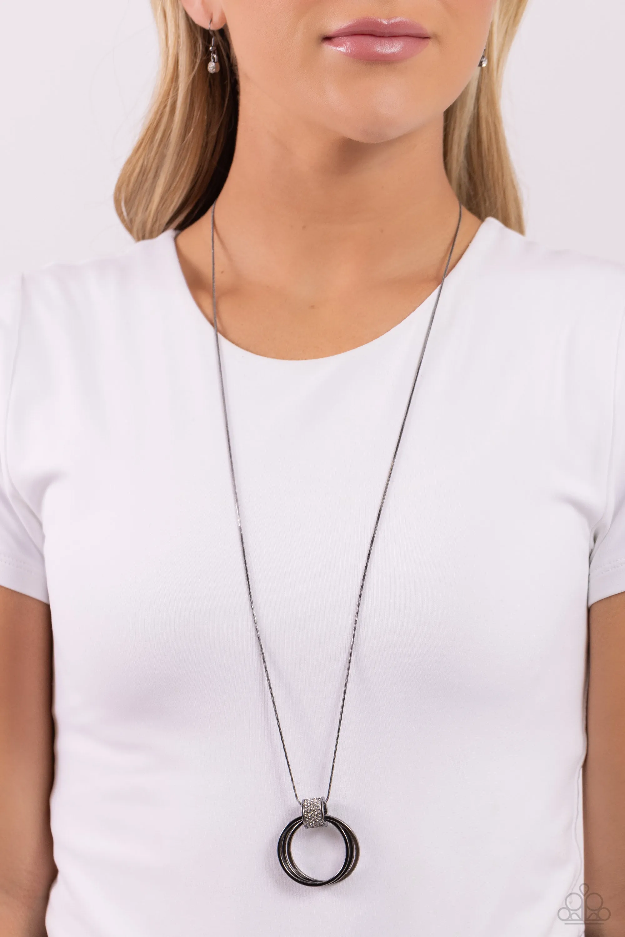 In the Swing of RINGS - Black - White Encrusted Ring Gunmetal Paparazzi Long Necklace