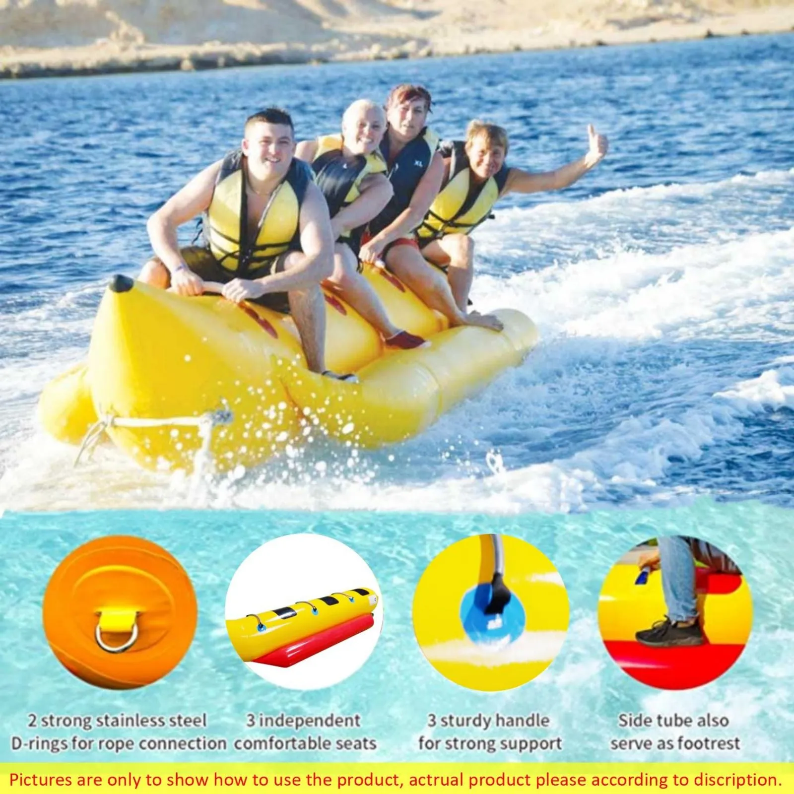 Inflatable Boat Tube 3-Person Towable Tube for Boating Inflatable Ride-on Banana Float for Water and Snow Sports