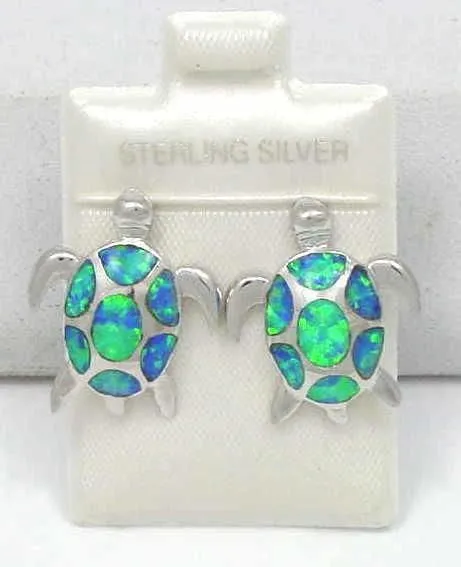 INLAY OPAL HEAVY 925 STERLING SILVER HAWAIIAN SEA TURTLE STUD POST EARRINGS 16MM