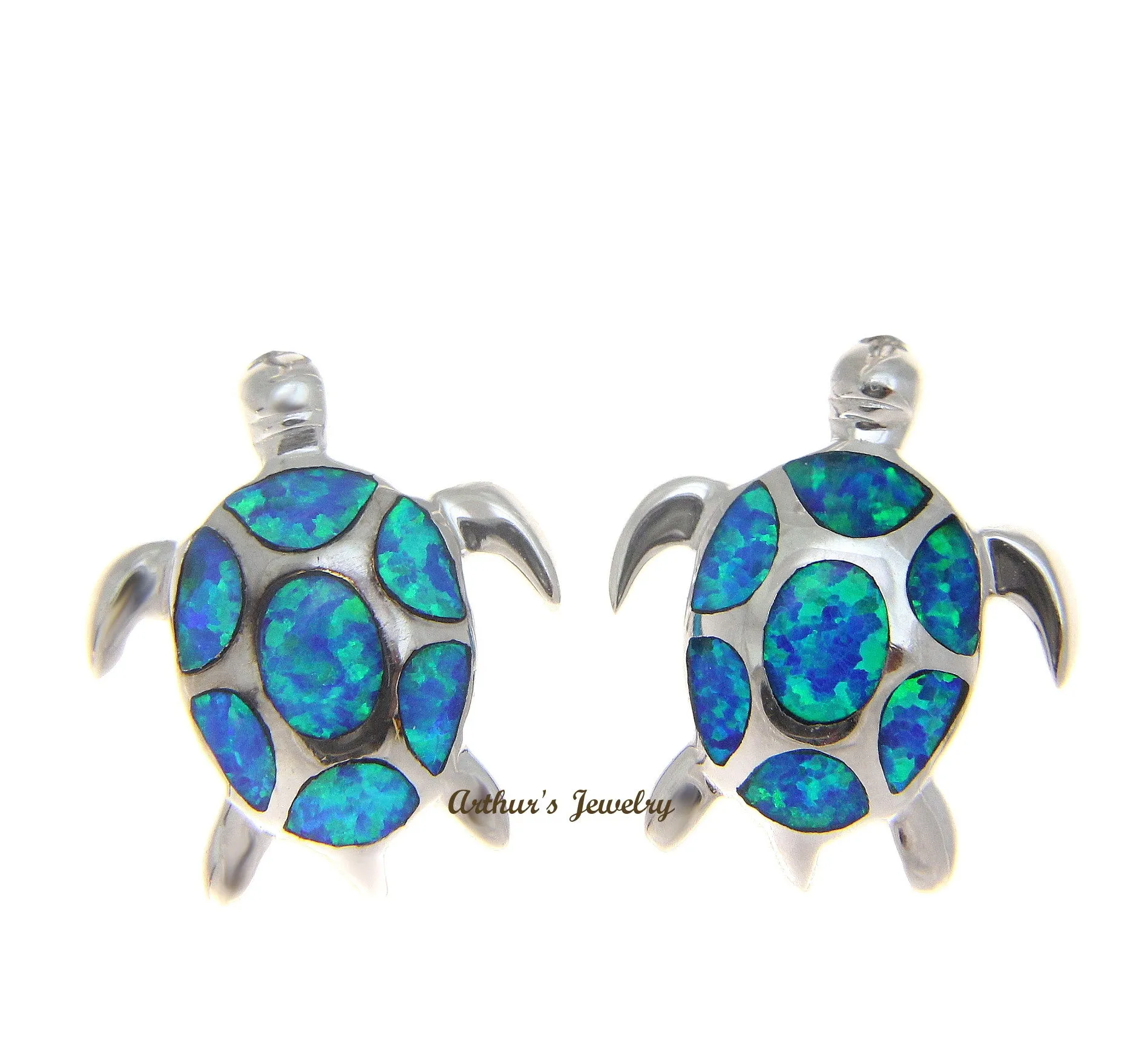 INLAY OPAL HEAVY 925 STERLING SILVER HAWAIIAN SEA TURTLE STUD POST EARRINGS 16MM
