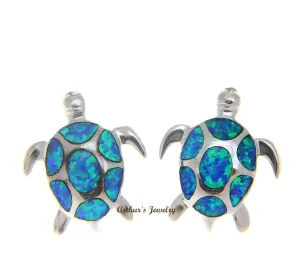 INLAY OPAL HEAVY 925 STERLING SILVER HAWAIIAN SEA TURTLE STUD POST EARRINGS 16MM