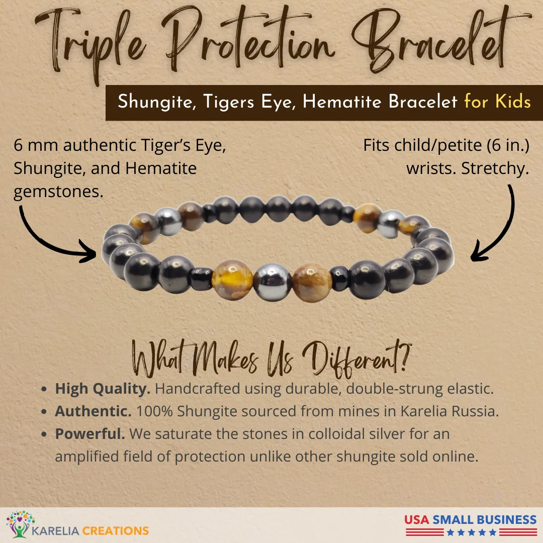Kid's Triple Shield Bracelet - Shungite Hematite Tigers Eye