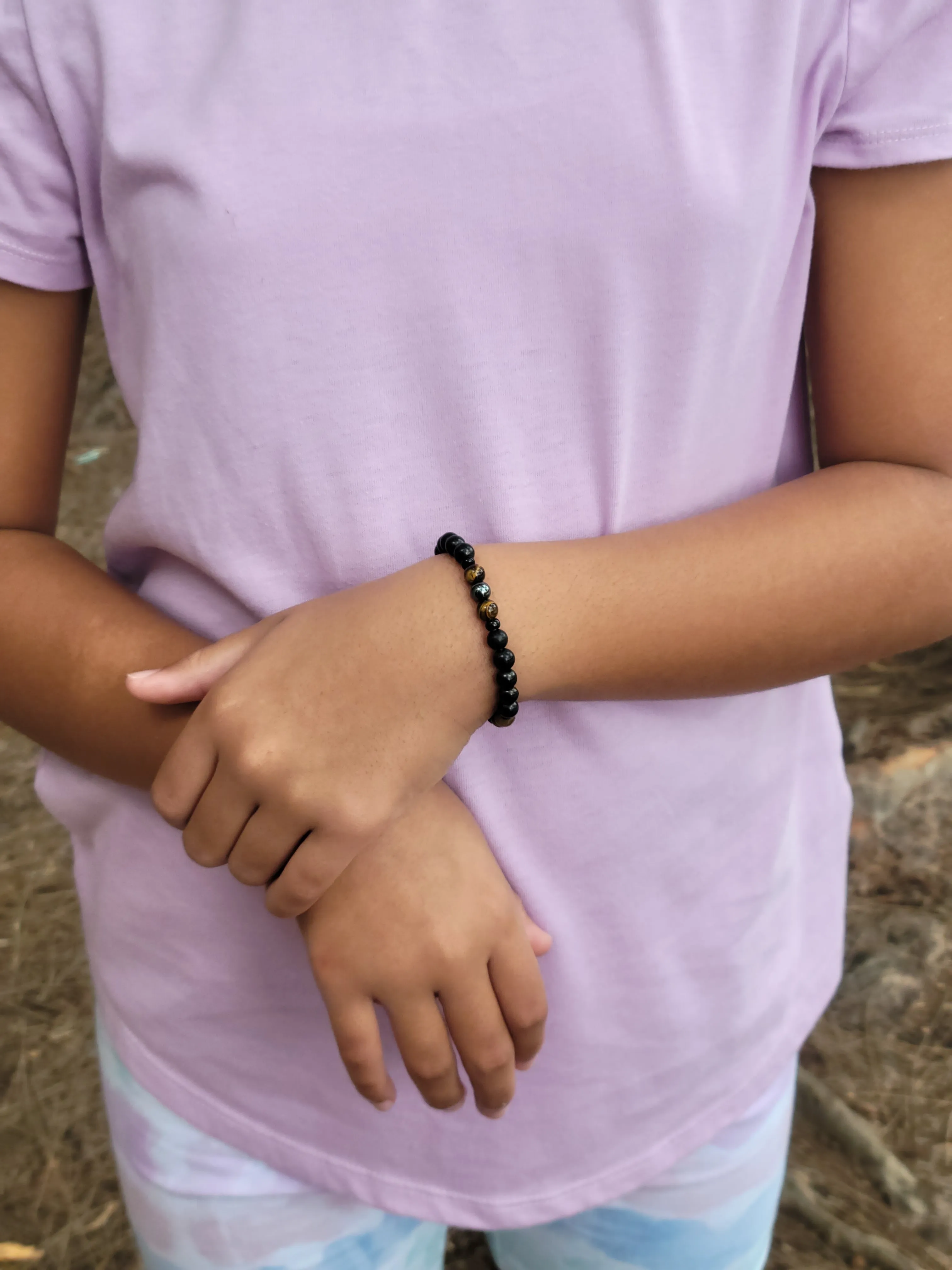 Kid's Triple Shield Bracelet - Shungite Hematite Tigers Eye