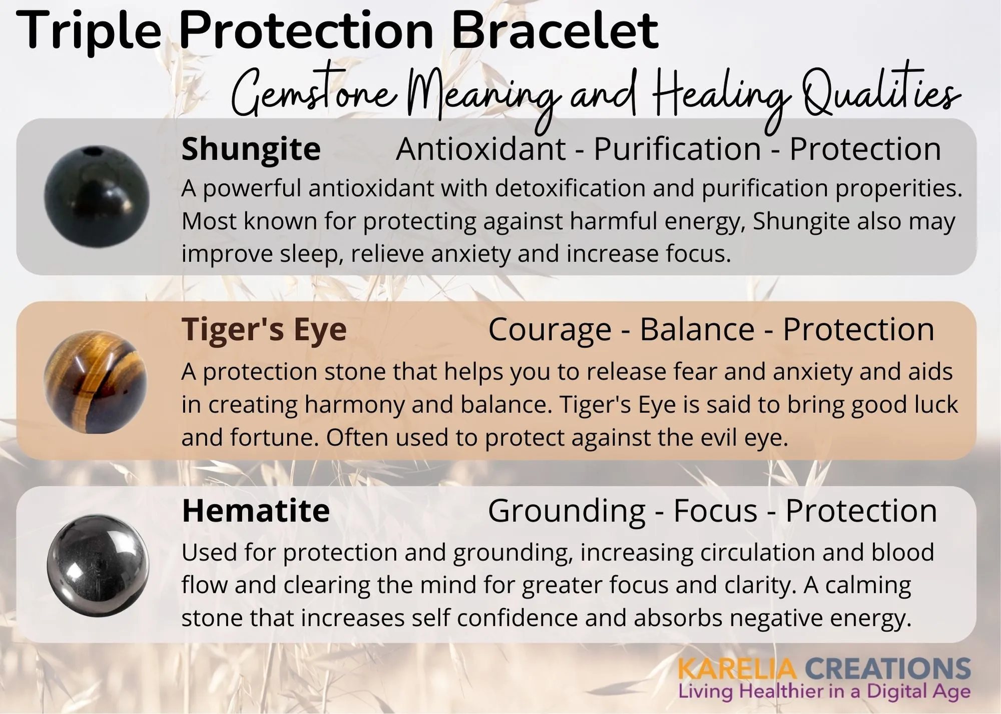 Kid's Triple Shield Bracelet - Shungite Hematite Tigers Eye