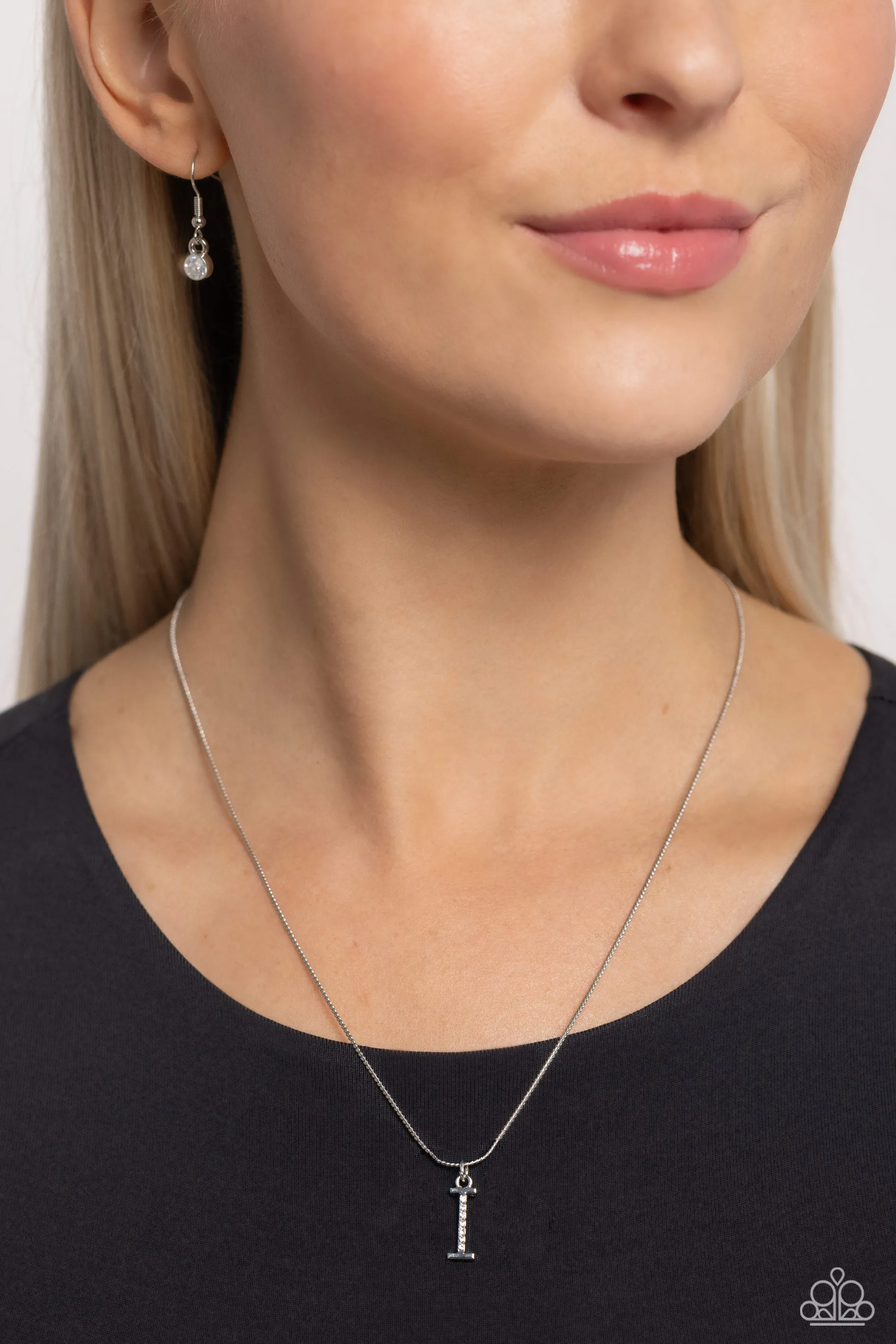 Letter of the Law - I - White Rhinestone Silver Initial Paparazzi Short Necklace
