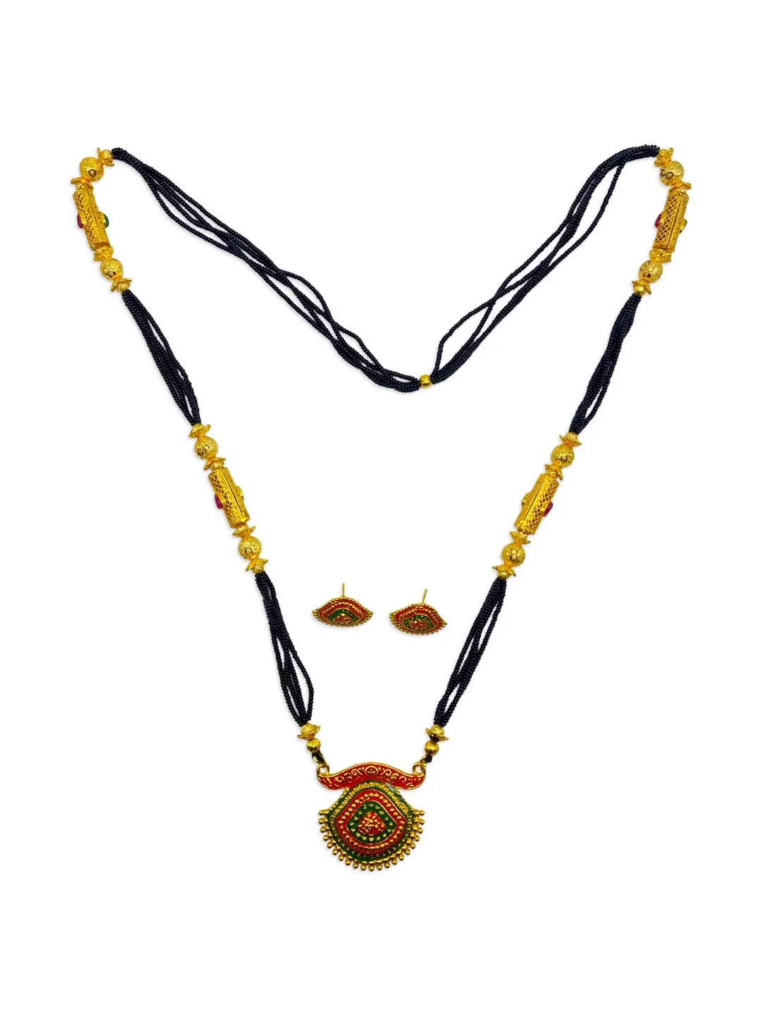 Long Artificial Gold Heavy Maharashtrian Mangalsutra Designs With Earrings 4 Line Black Beads Chain