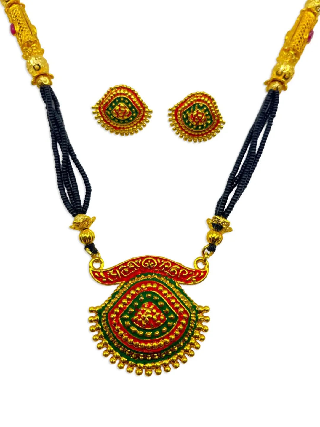 Long Artificial Gold Heavy Maharashtrian Mangalsutra Designs With Earrings 4 Line Black Beads Chain