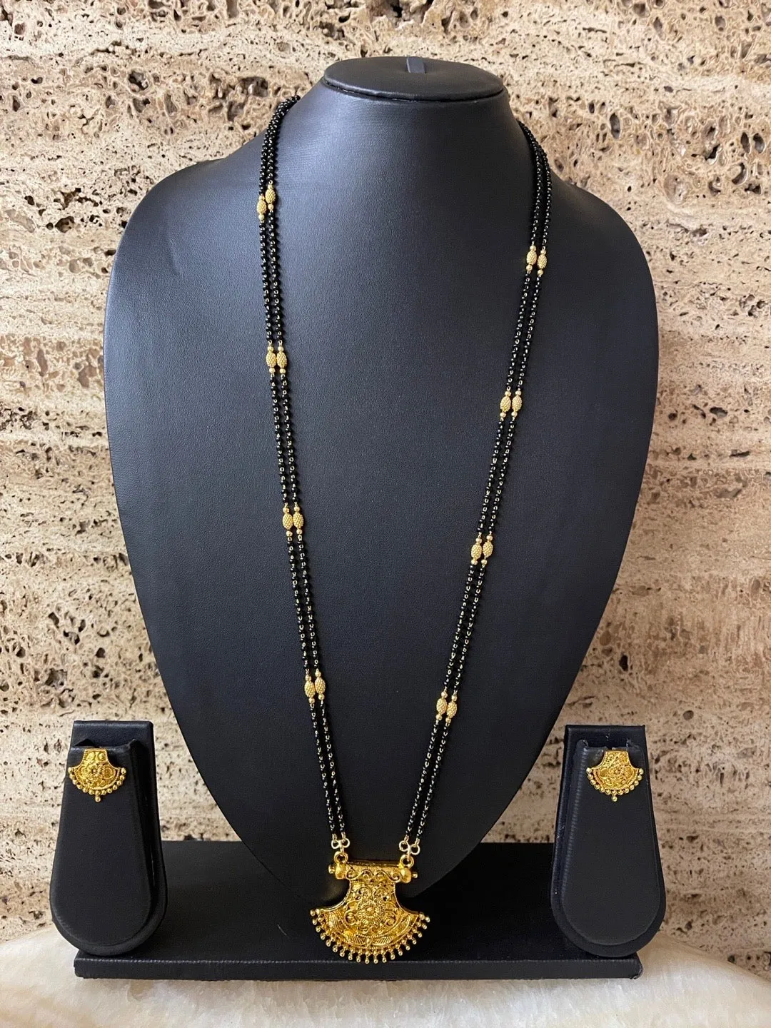 Long Heavy Mangalsutra Designs Set With Gold Earrings In Maharashtrian Style 2 Line Black Beads Chain