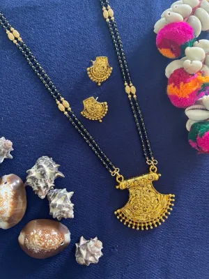 Long Heavy Mangalsutra Designs Set With Gold Earrings In Maharashtrian Style 2 Line Black Beads Chain