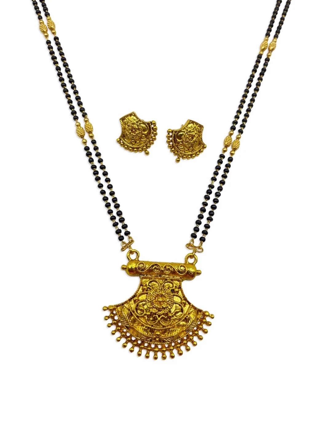 Long Heavy Mangalsutra Designs Set With Gold Earrings In Maharashtrian Style 2 Line Black Beads Chain