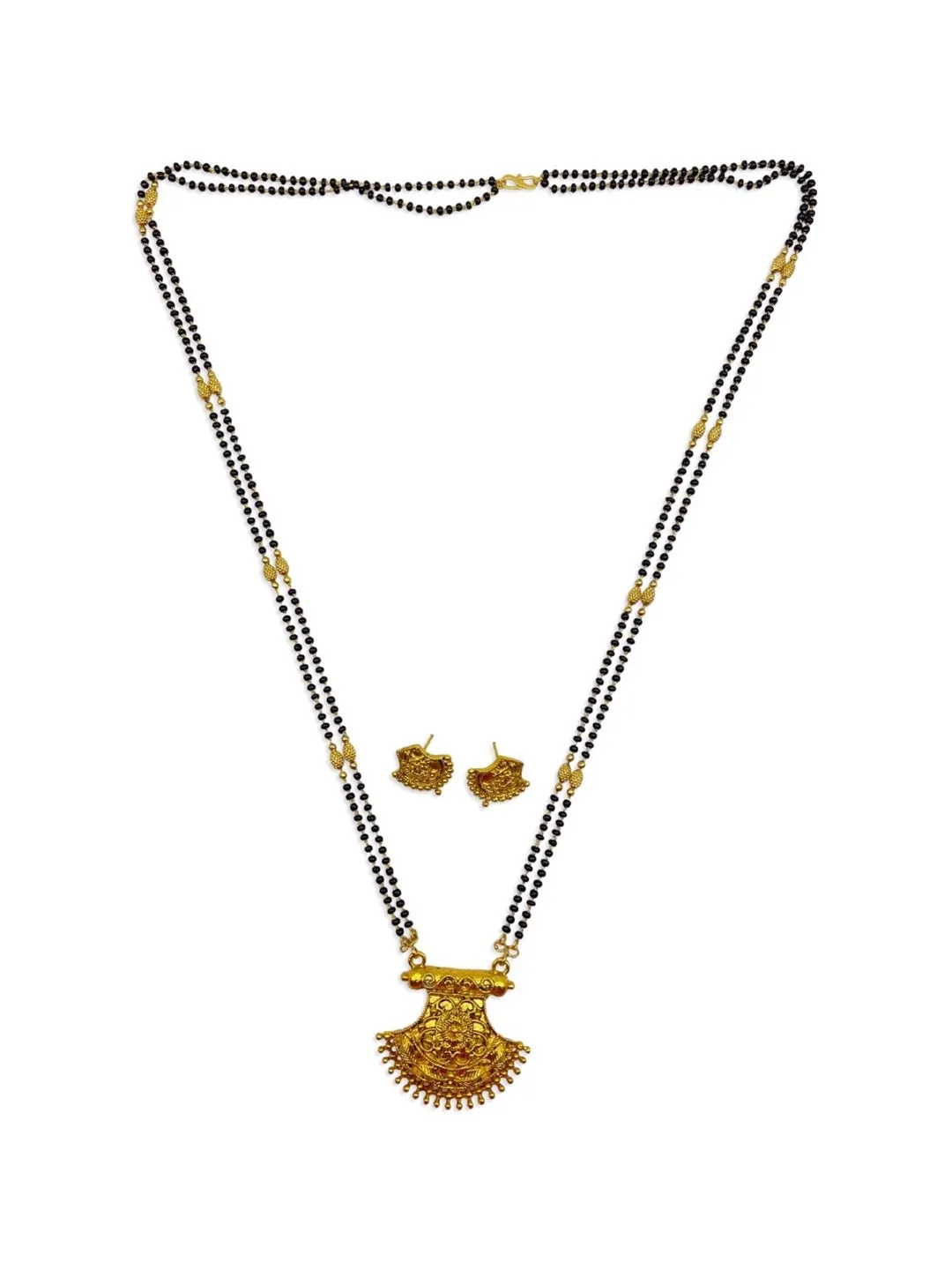 Long Heavy Mangalsutra Designs Set With Gold Earrings In Maharashtrian Style 2 Line Black Beads Chain