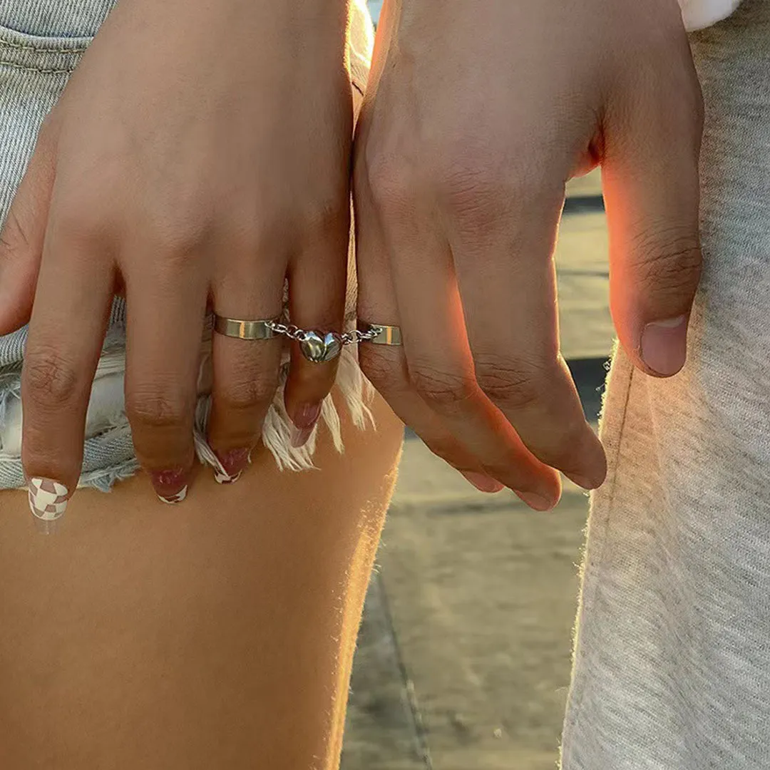Magnetic Heart Silver Matching Love Couple Rings