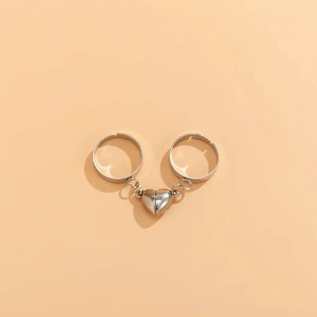 Magnetic Heart Silver Matching Love Couple Rings