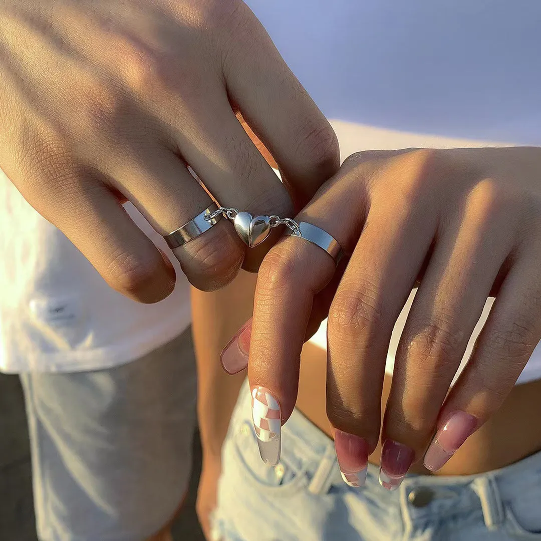 Magnetic Heart Silver Matching Love Couple Rings