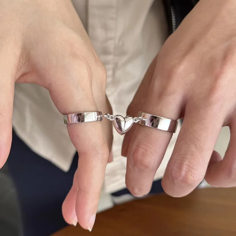 Magnetic Heart Silver Matching Love Couple Rings