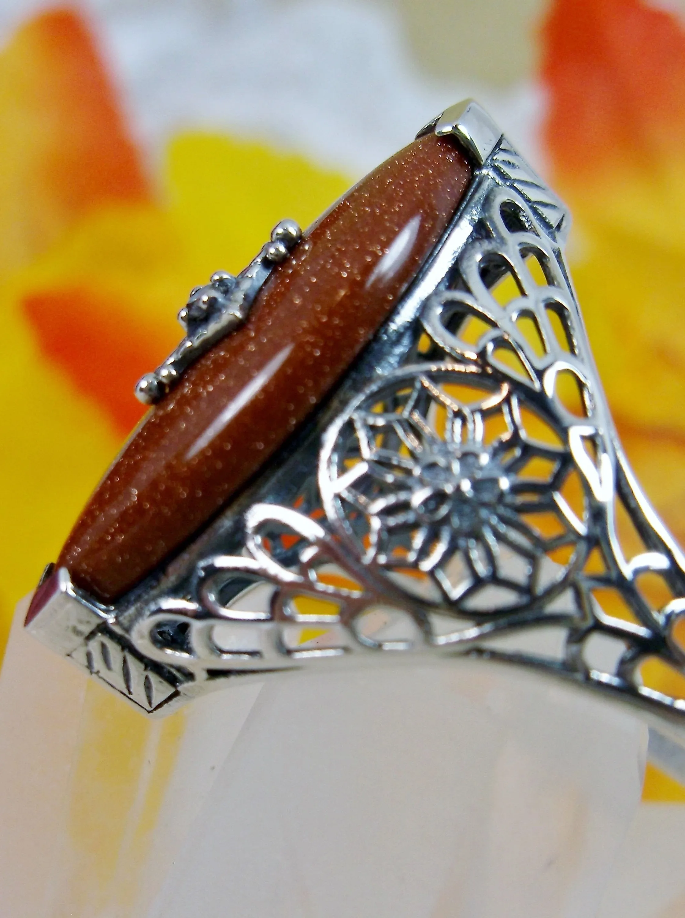 Marquise Ring, Orange Glitter Glass, Edwardian Style Jewelry #D236