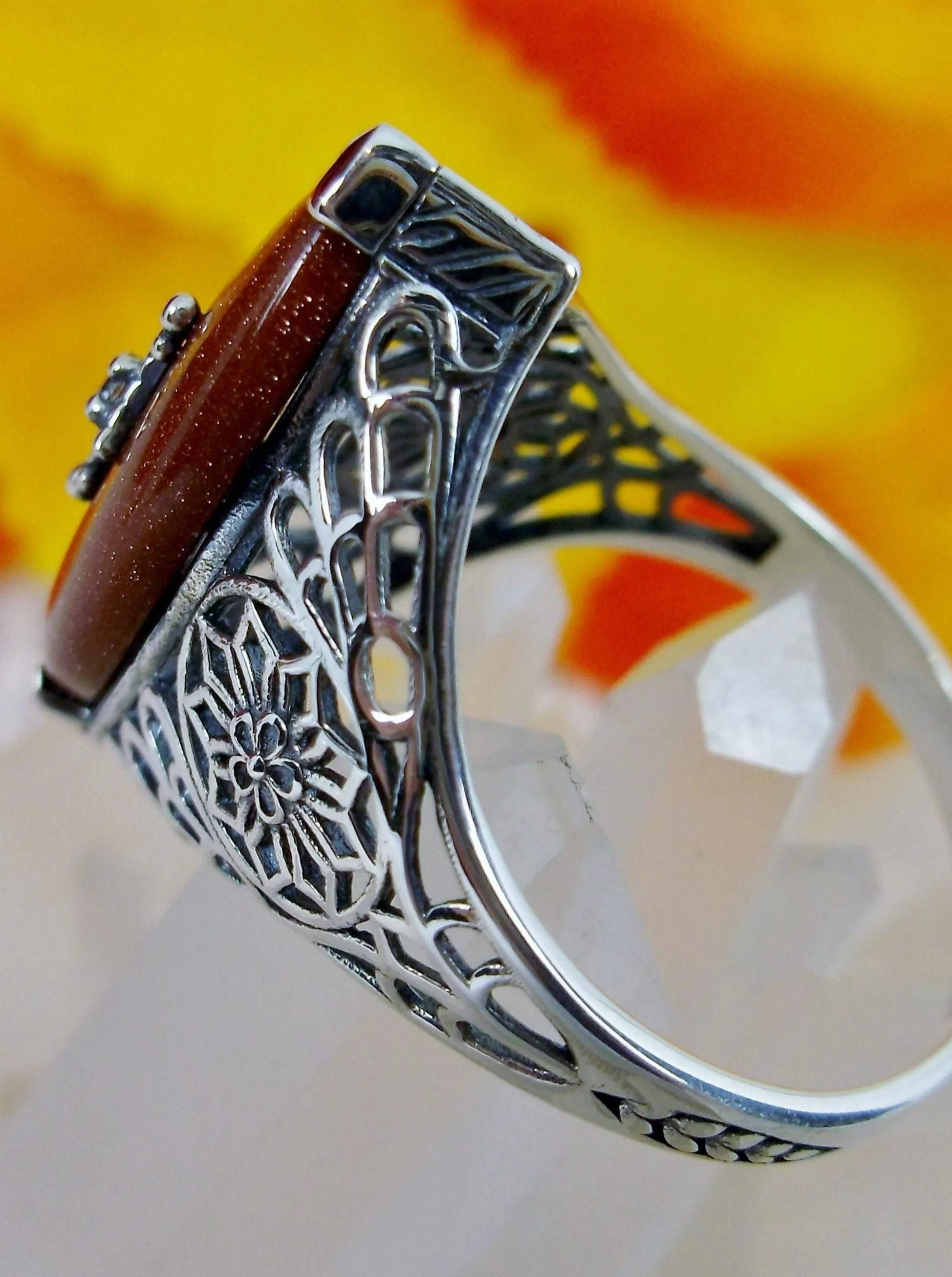 Marquise Ring, Orange Glitter Glass, Edwardian Style Jewelry #D236