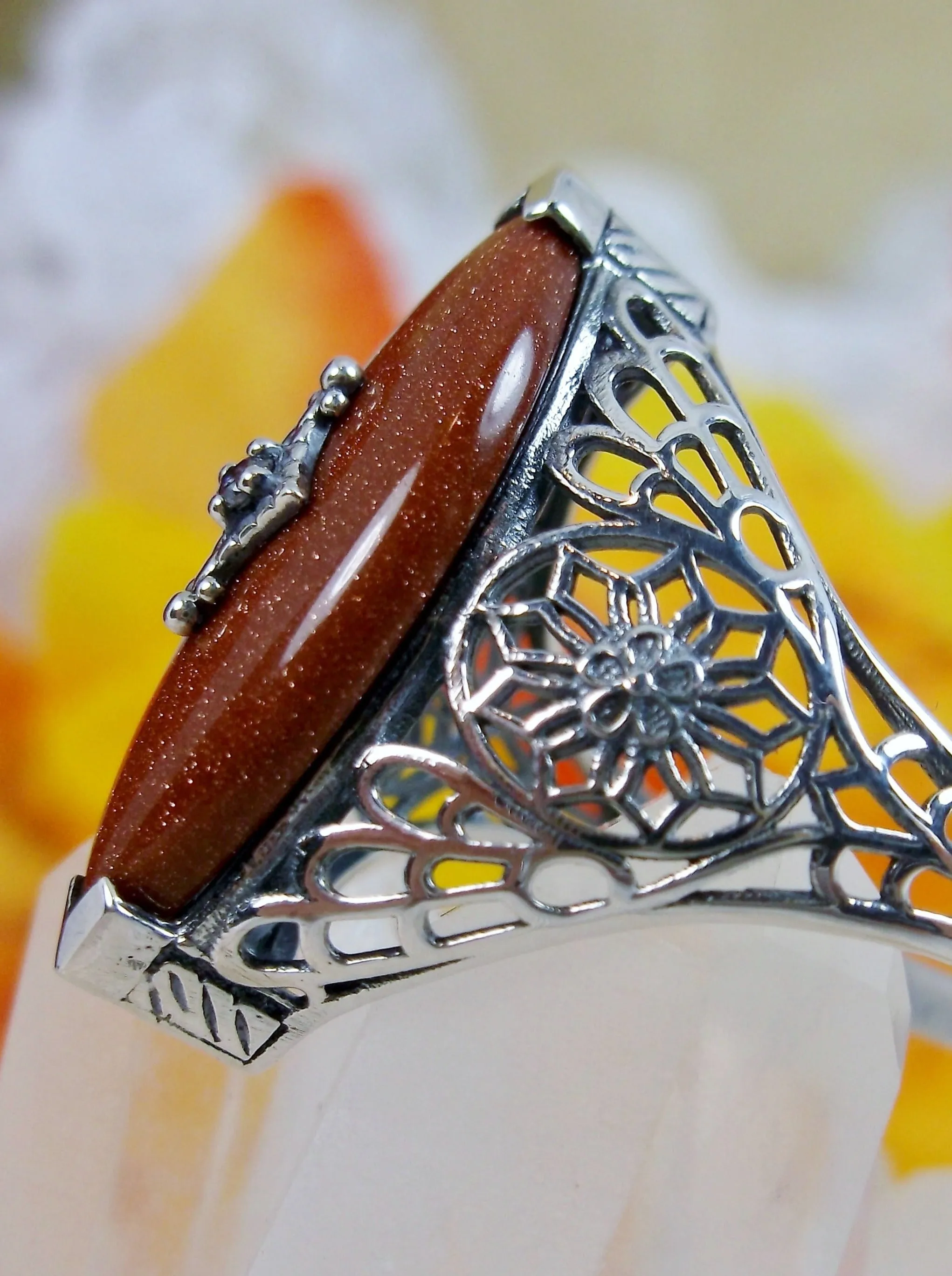 Marquise Ring, Orange Glitter Glass, Edwardian Style Jewelry #D236