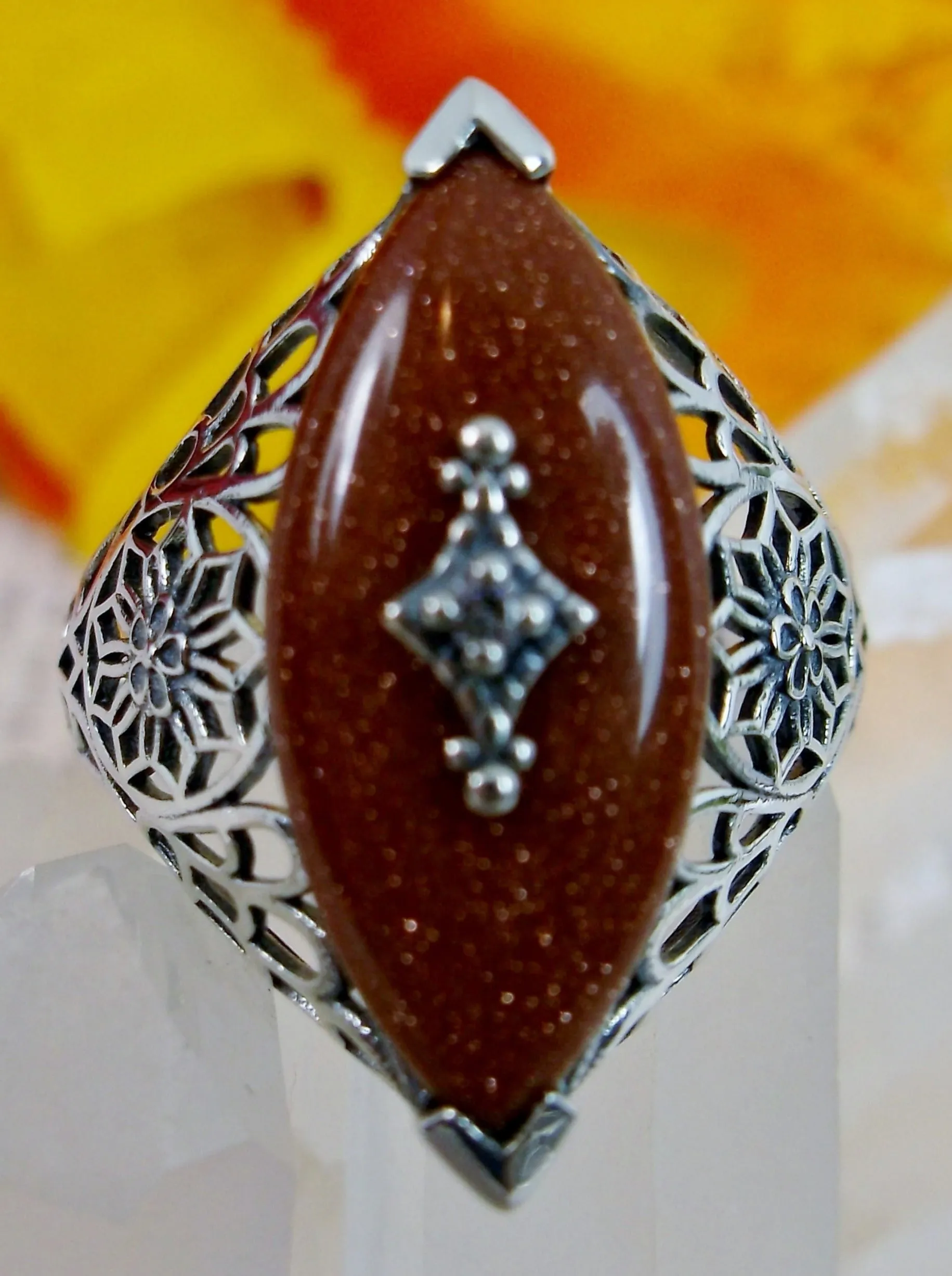 Marquise Ring, Orange Glitter Glass, Edwardian Style Jewelry #D236