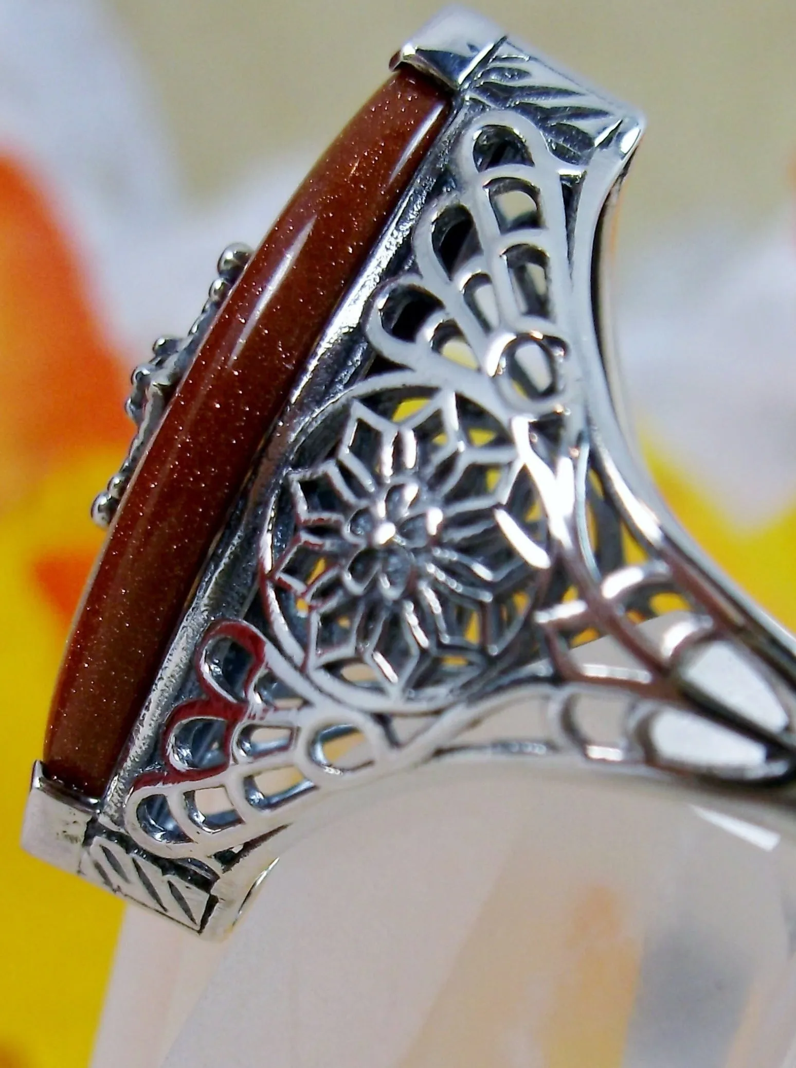 Marquise Ring, Orange Glitter Glass, Edwardian Style Jewelry #D236