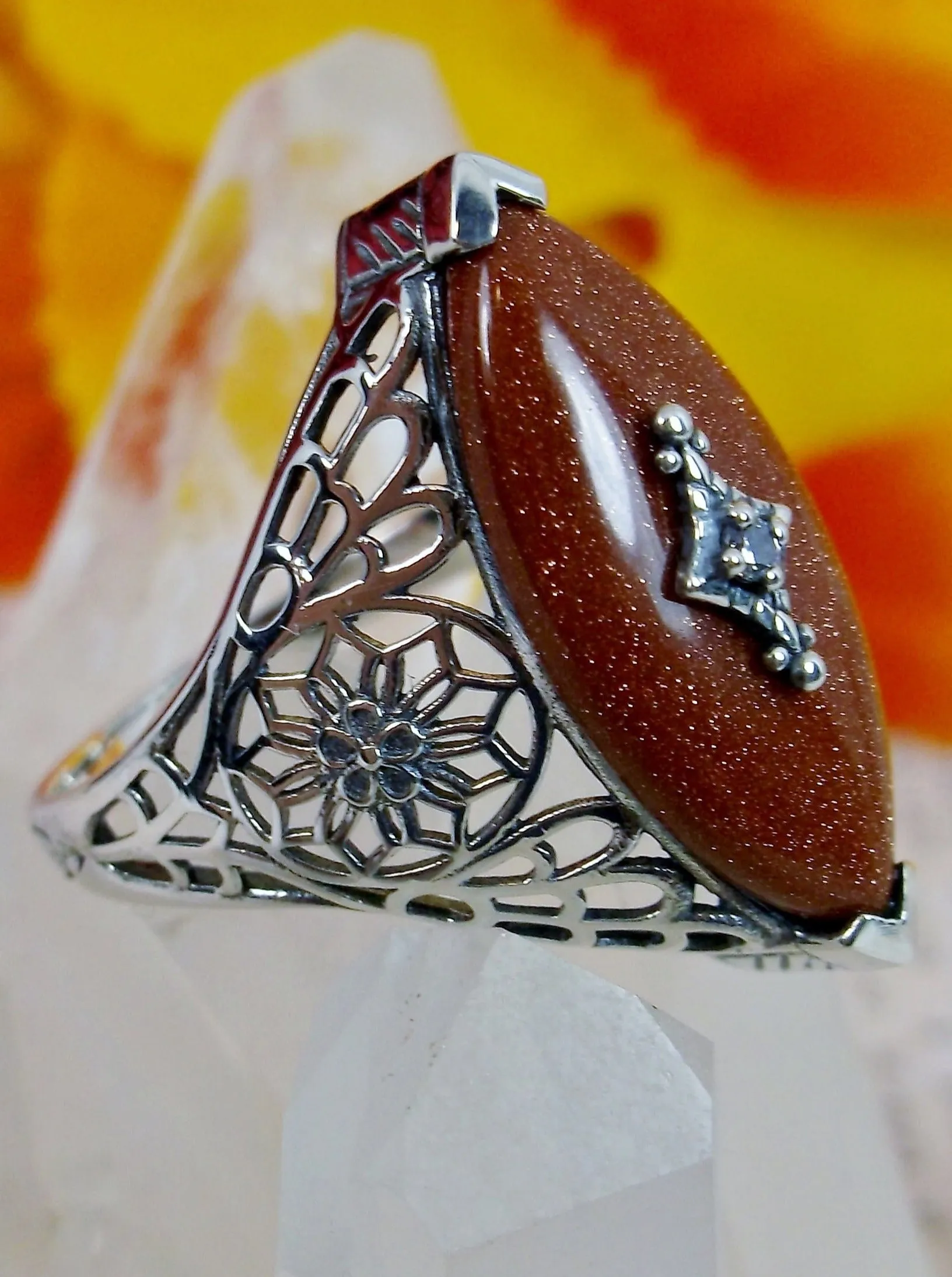 Marquise Ring, Orange Glitter Glass, Edwardian Style Jewelry #D236