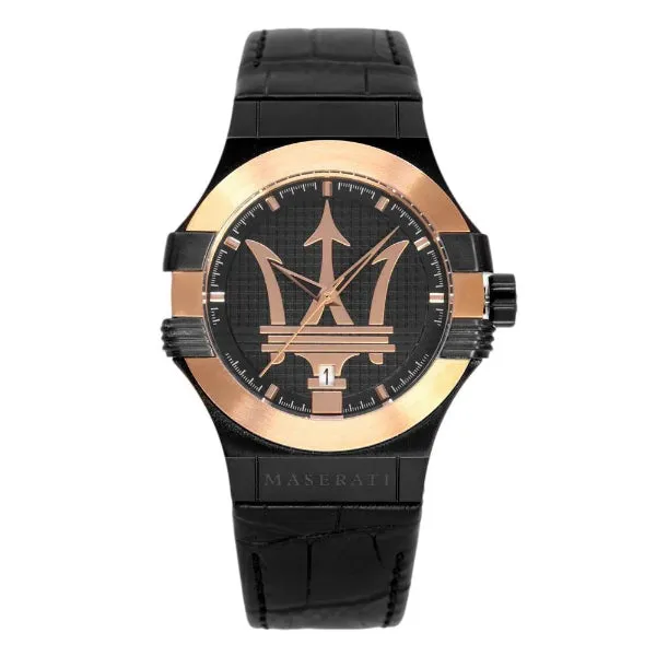 Maserati Potenza Black Leather Strap Black Dial Quartz Watch for Gents - R8851108032