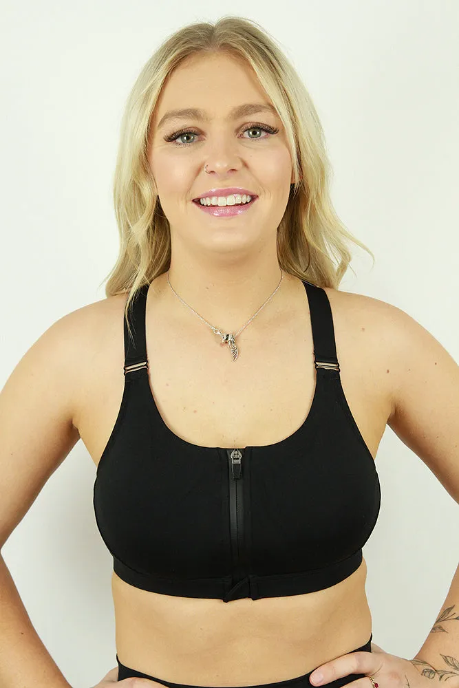 Matte Black Zip High Impact Sports Bra