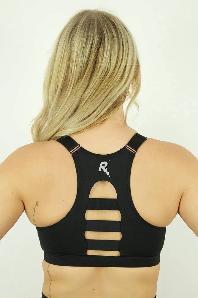 Matte Black Zip High Impact Sports Bra