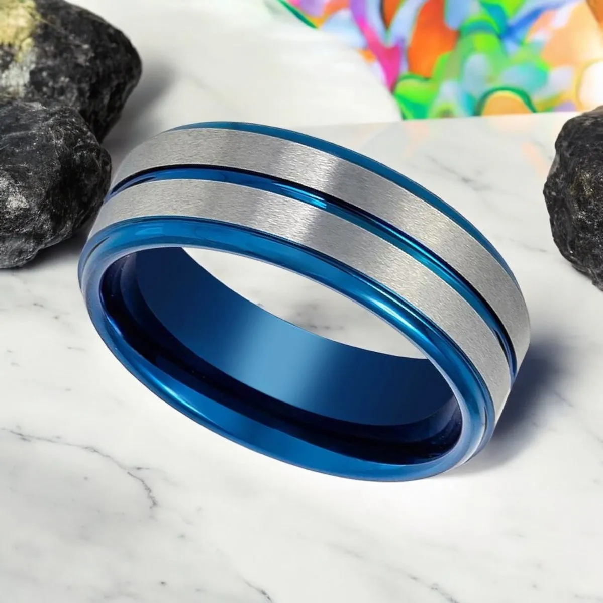 MAXTOM | Blue Tungsten Ring, Silver Stripes, Blue Groove, Stepped Edge