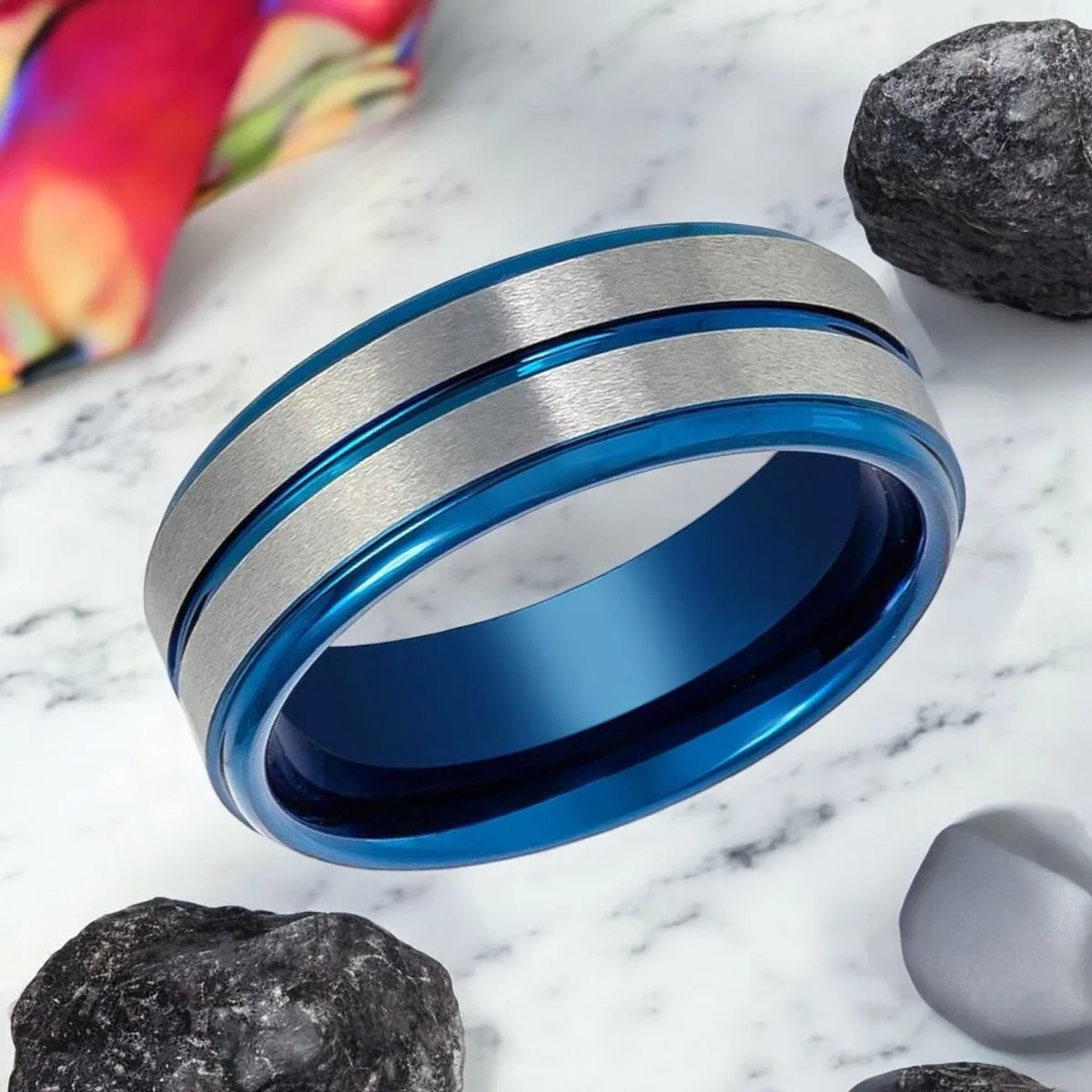 MAXTOM | Blue Tungsten Ring, Silver Stripes, Blue Groove, Stepped Edge