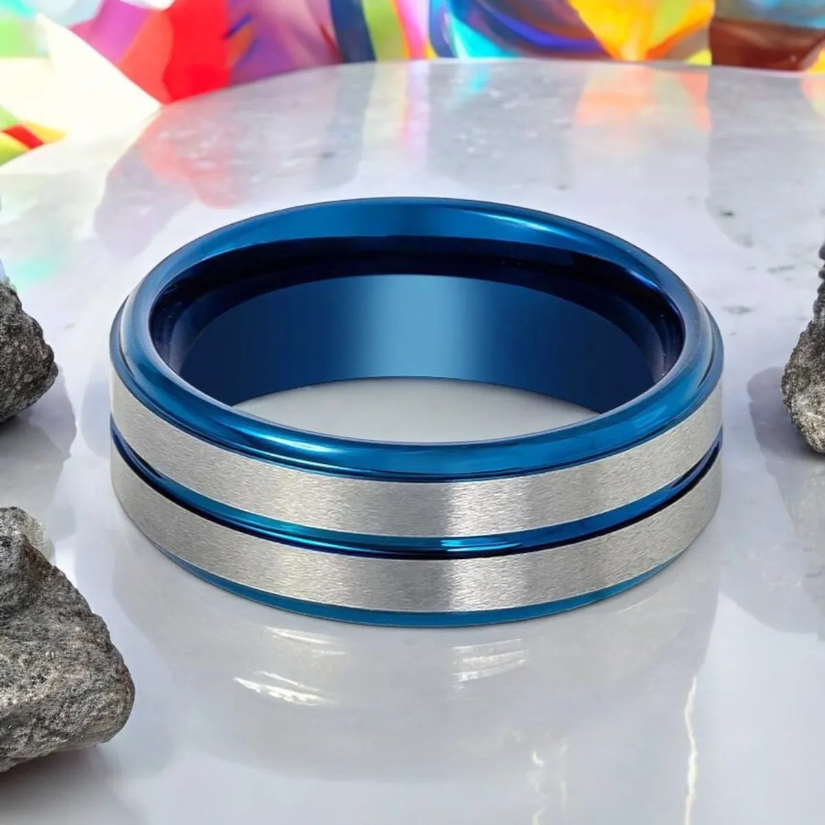 MAXTOM | Blue Tungsten Ring, Silver Stripes, Blue Groove, Stepped Edge