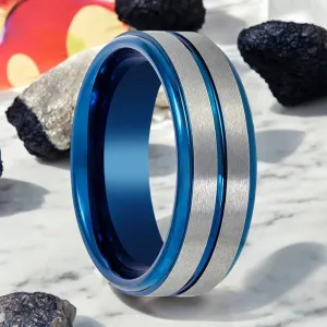MAXTOM | Blue Tungsten Ring, Silver Stripes, Blue Groove, Stepped Edge