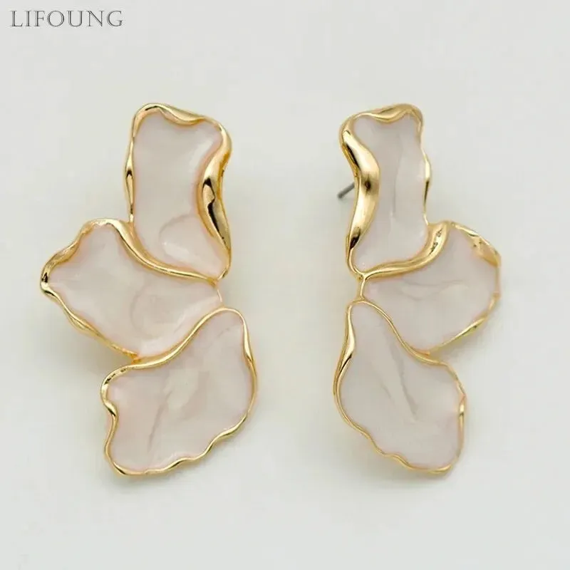 Metal Flower Cream Epoxy Earring Stud Women Fashion Gold Color Plating Irregular Post Earrings Heavy Design Statement Earrings