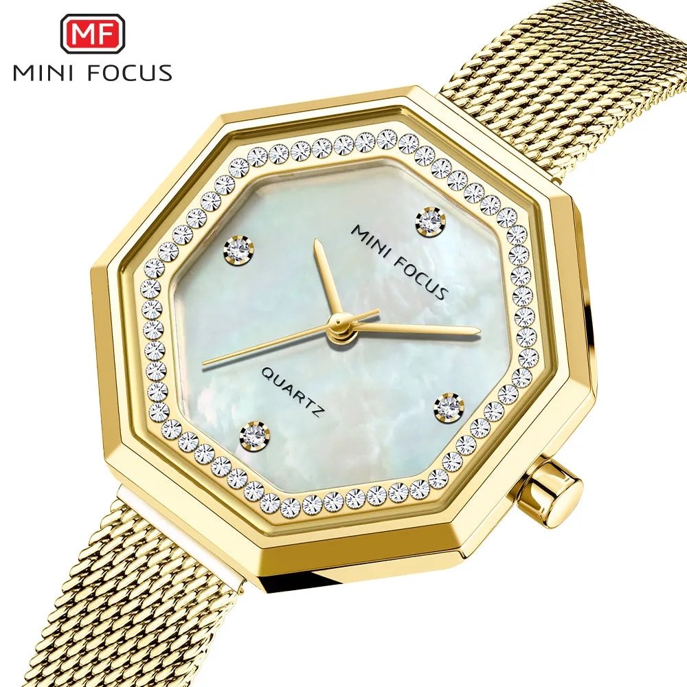Mini Focus Gold Mesh Bracelet Silver Dial Quartz Watch for Ladies - MF0304L-02