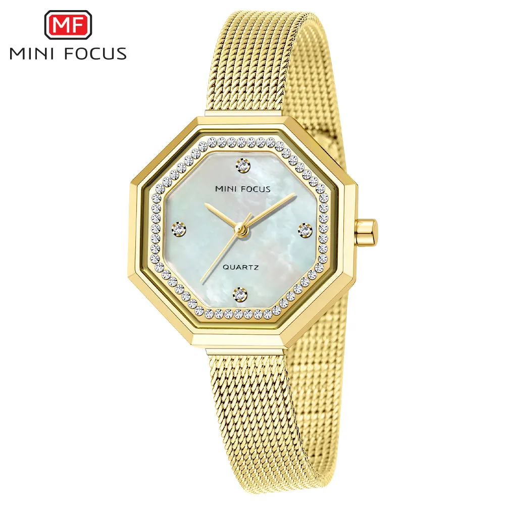 Mini Focus Gold Mesh Bracelet Silver Dial Quartz Watch for Ladies - MF0304L-02