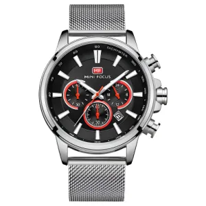 Mini Focus Silver Mesh Bracelet Black Dial Chronograph Quartz Watch for Gents - MF0142G-01
