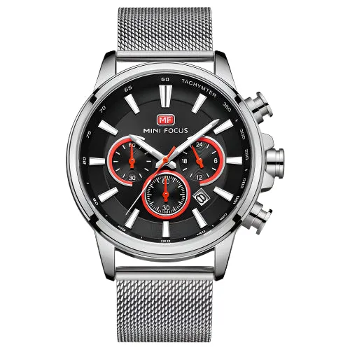 Mini Focus Silver Mesh Bracelet Black Dial Chronograph Quartz Watch for Gents - MF0142G-01