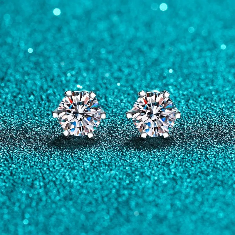 Moissanite Diamonds Studs Earrings; Classic Solitaire Six Prongs Studs, Screw Backs Earrings-EM017