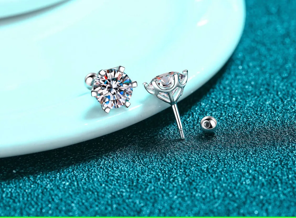 Moissanite Diamonds Studs Earrings; Classic Solitaire Six Prongs Studs, Screw Backs Earrings-EM017